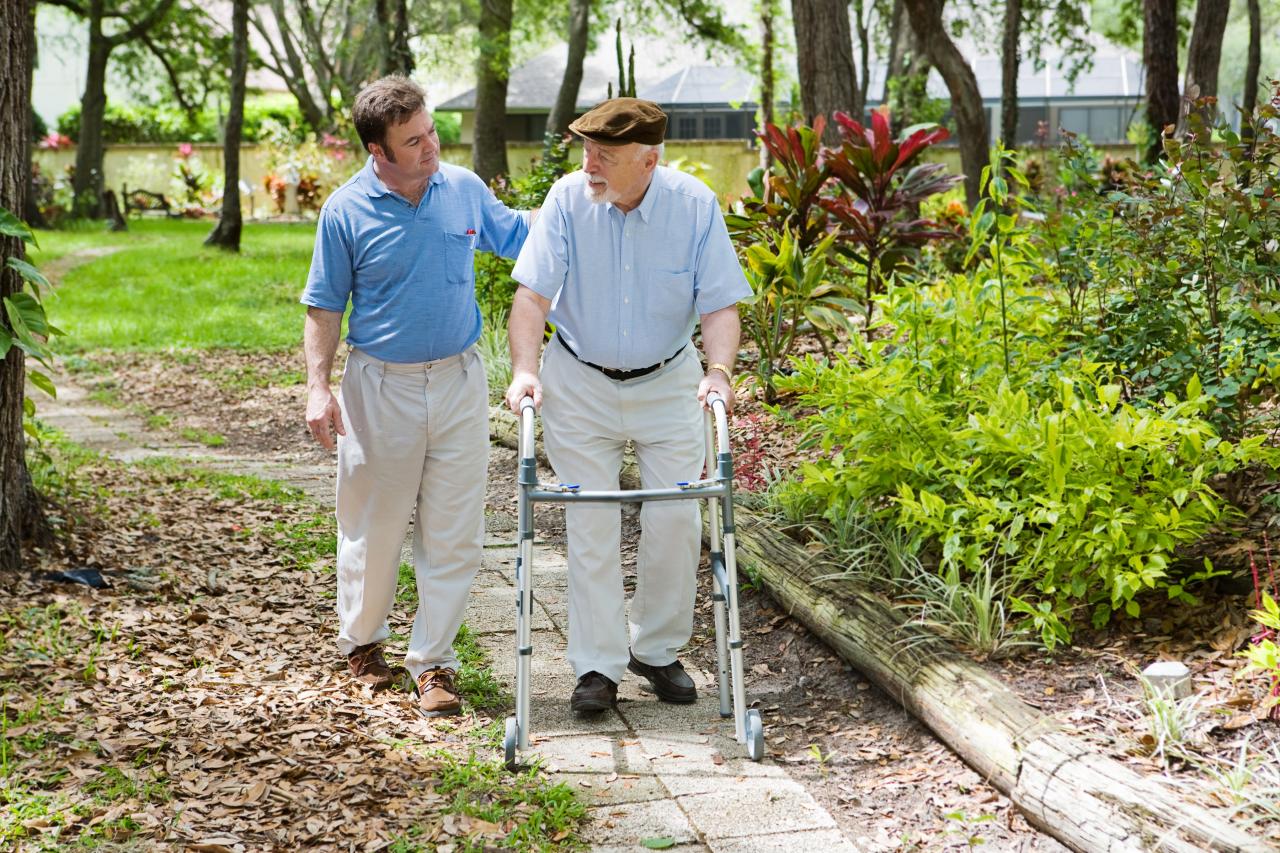 Ein Mann am Rollator wird von einem Pflegehelfenden auf seinem Spaziergang unterstützt.