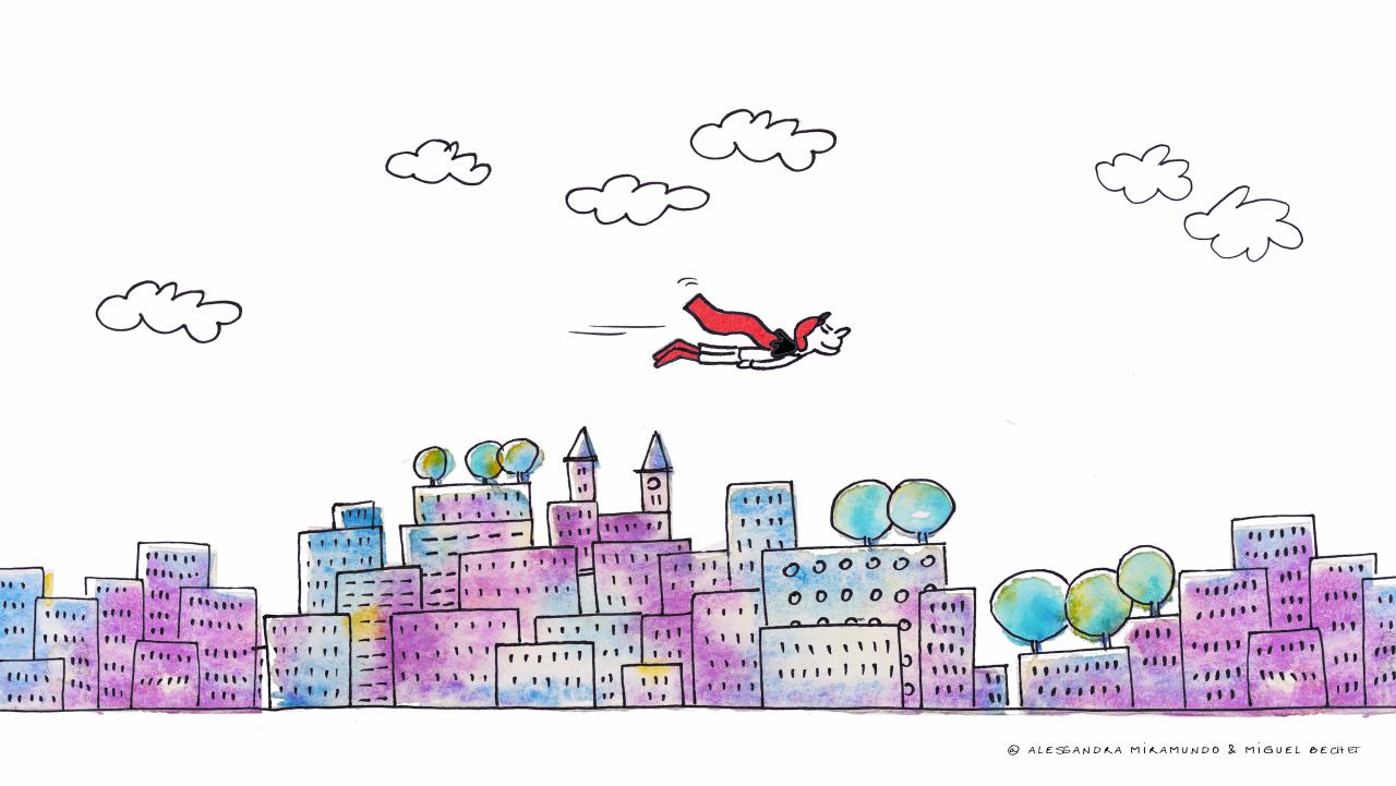 Superheldin fliegt über eine Stadt